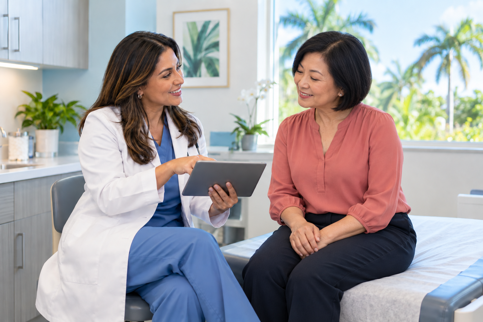 A gynecologist reviewing preventive exam guidance with a patient in Miami Gardens