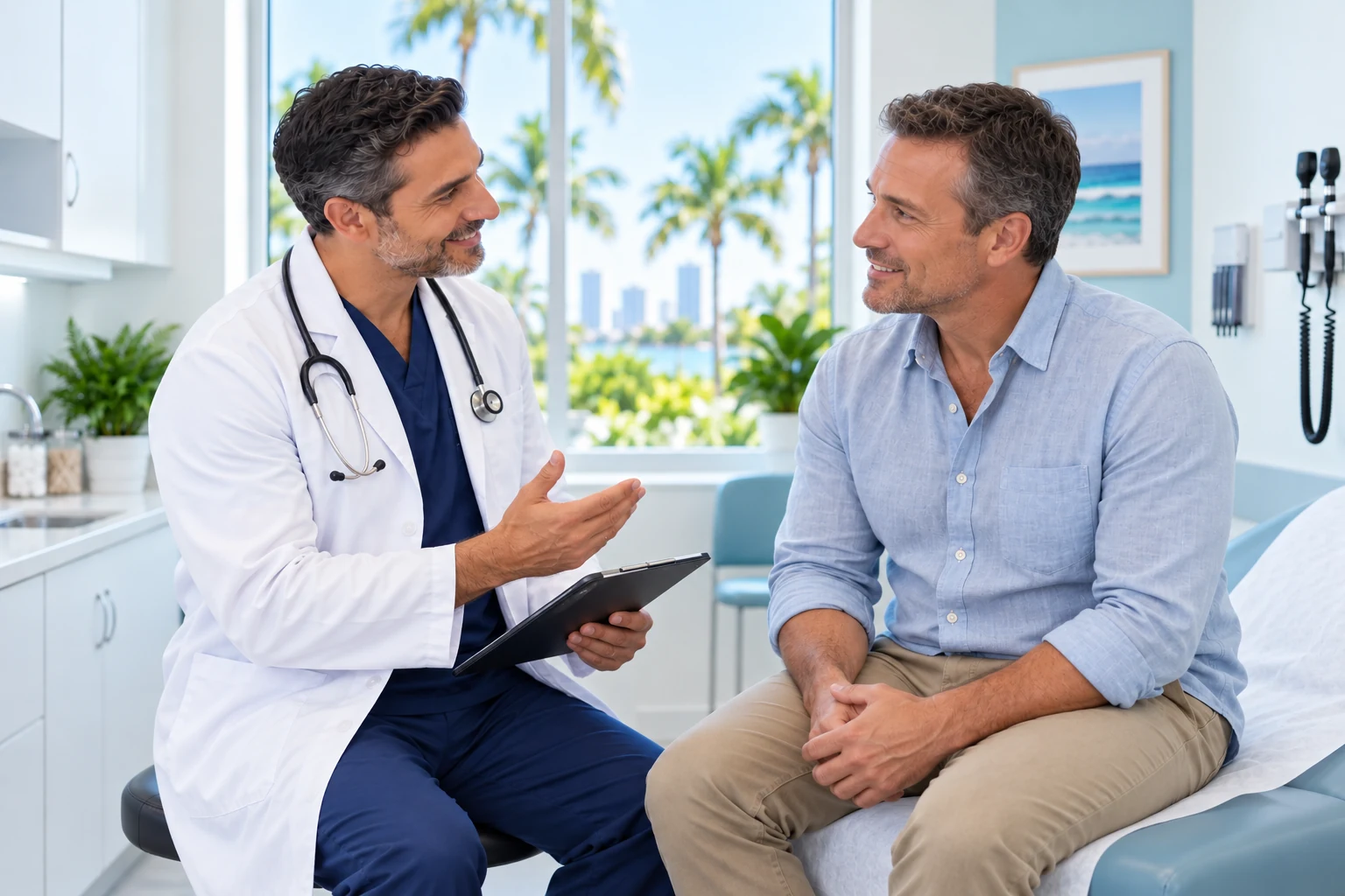 Clinician speaking privately with an adult male patient during an evaluation visit