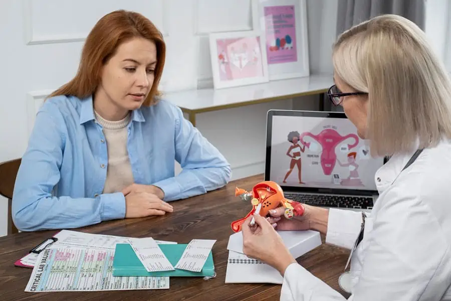 A clinician discusses gynecological concerns with a patient using an anatomical model