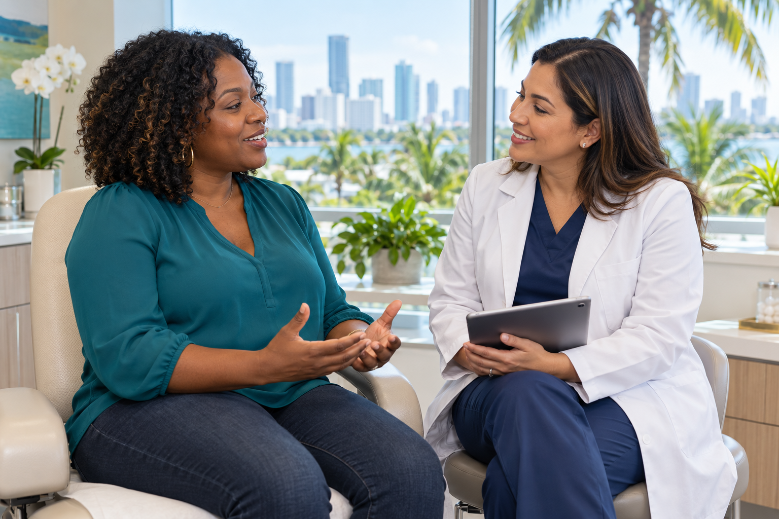 A patient discussing gynecology care with a clinician in a Miami Gardens clinic