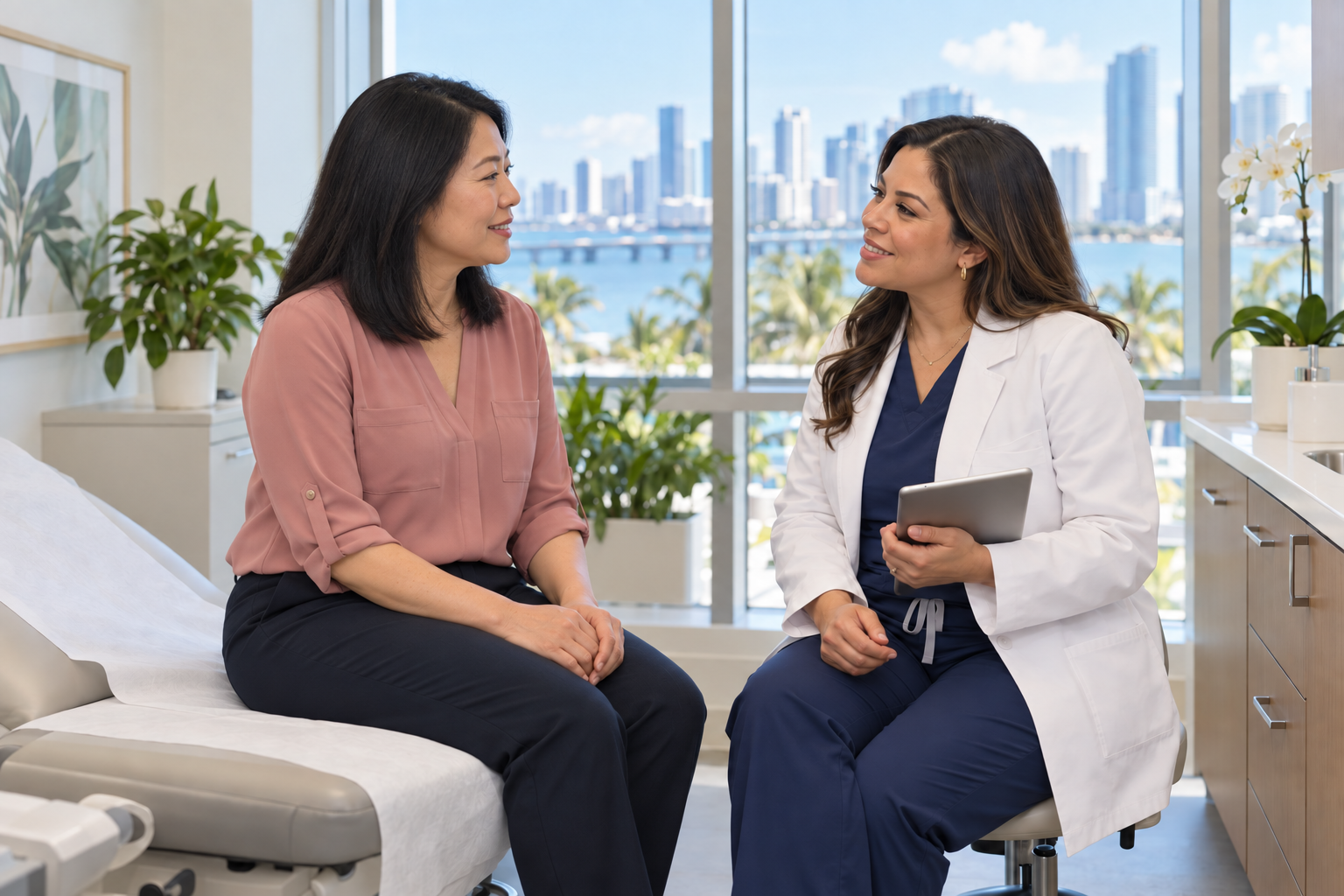 A clinician listening to a patient during a gynecology consultation