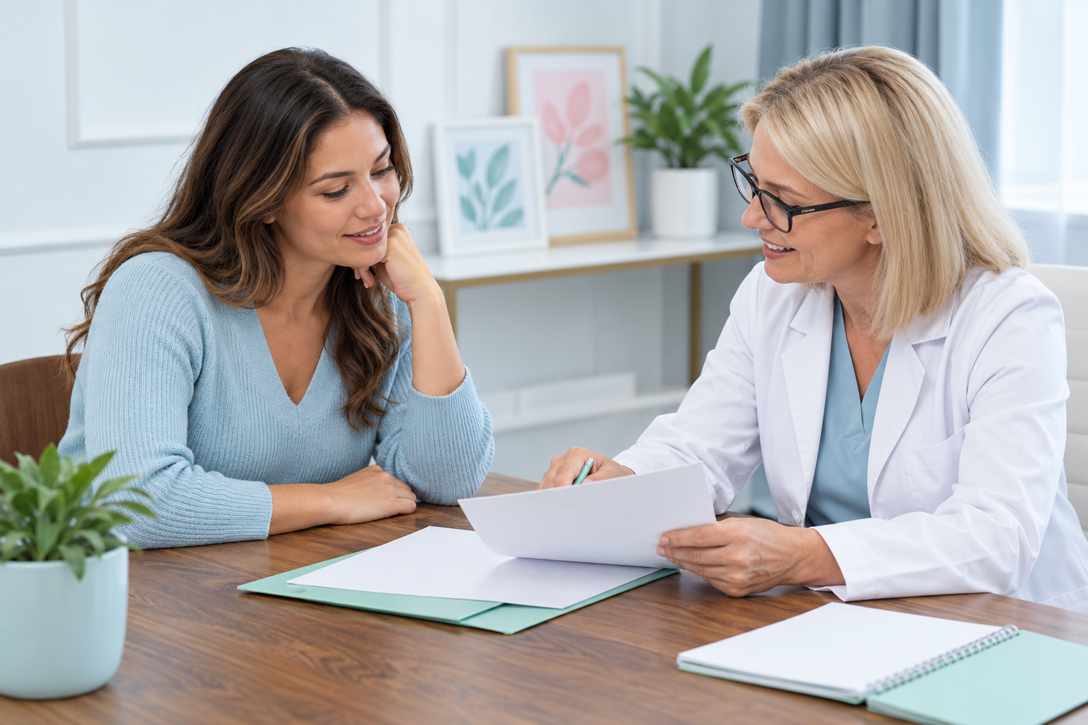 A patient reviews insurance paperwork with clinic staff