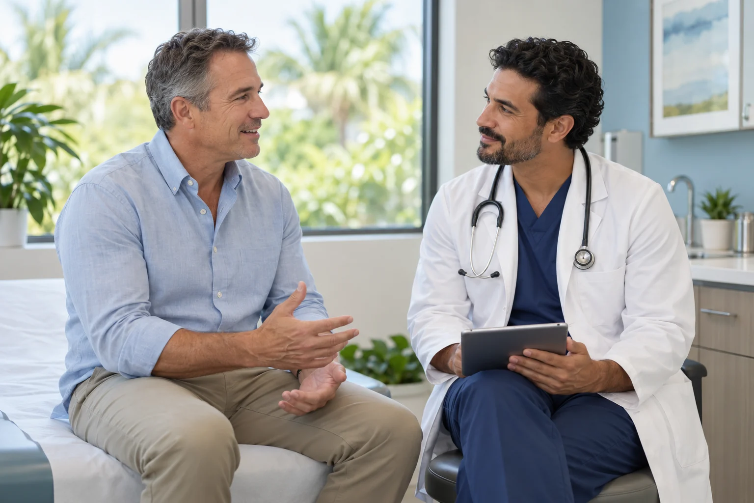 A middle-aged man discussing low testosterone symptoms with his doctor in a bright Miami clinic
