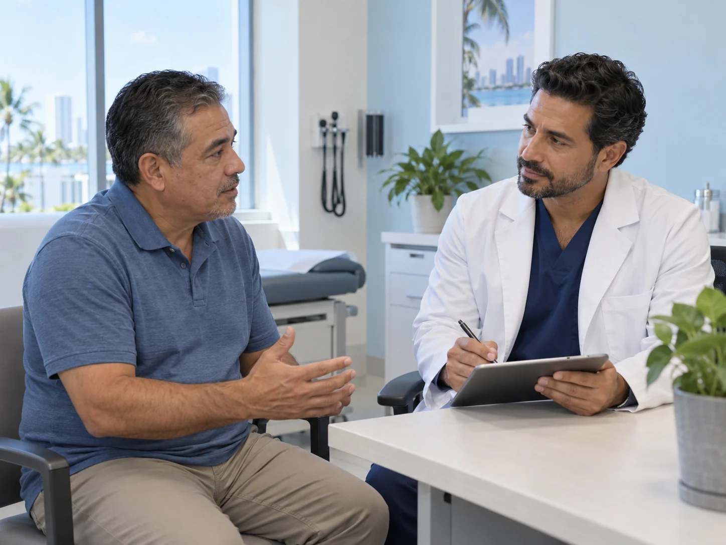 A patient discussing low energy and sleep changes with his primary care doctor