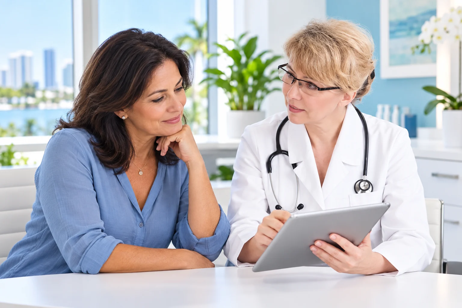 A patient and nurse practitioner reviewing a menopause care plan in a Miami clinic
