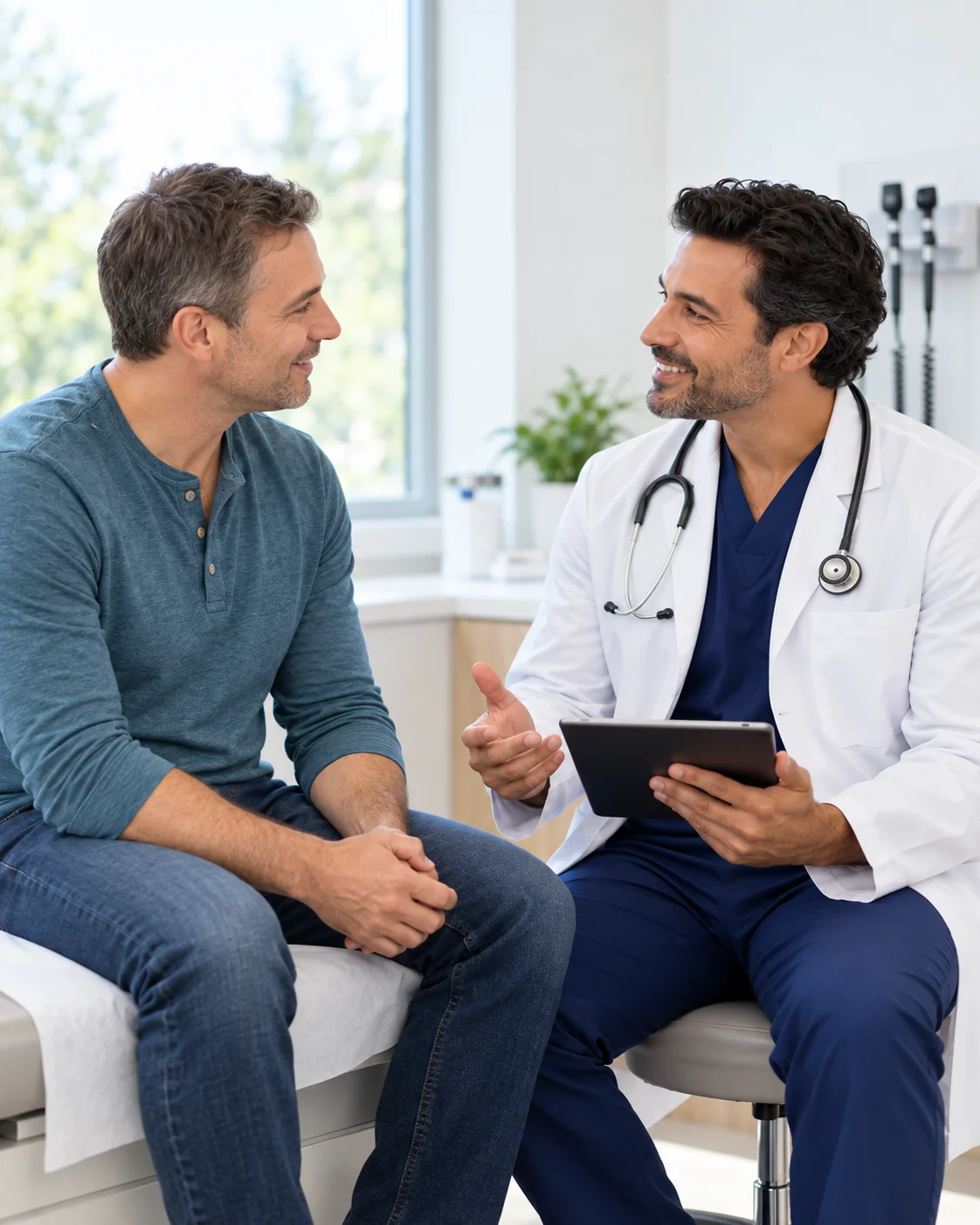 A male patient discussing his health concerns with his clinician during a consultation