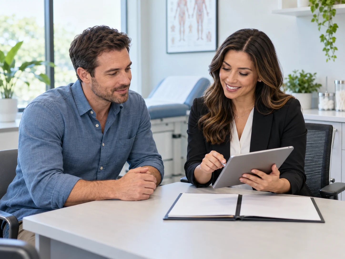 A male patient reviewing clinic paperwork with a care coordinator