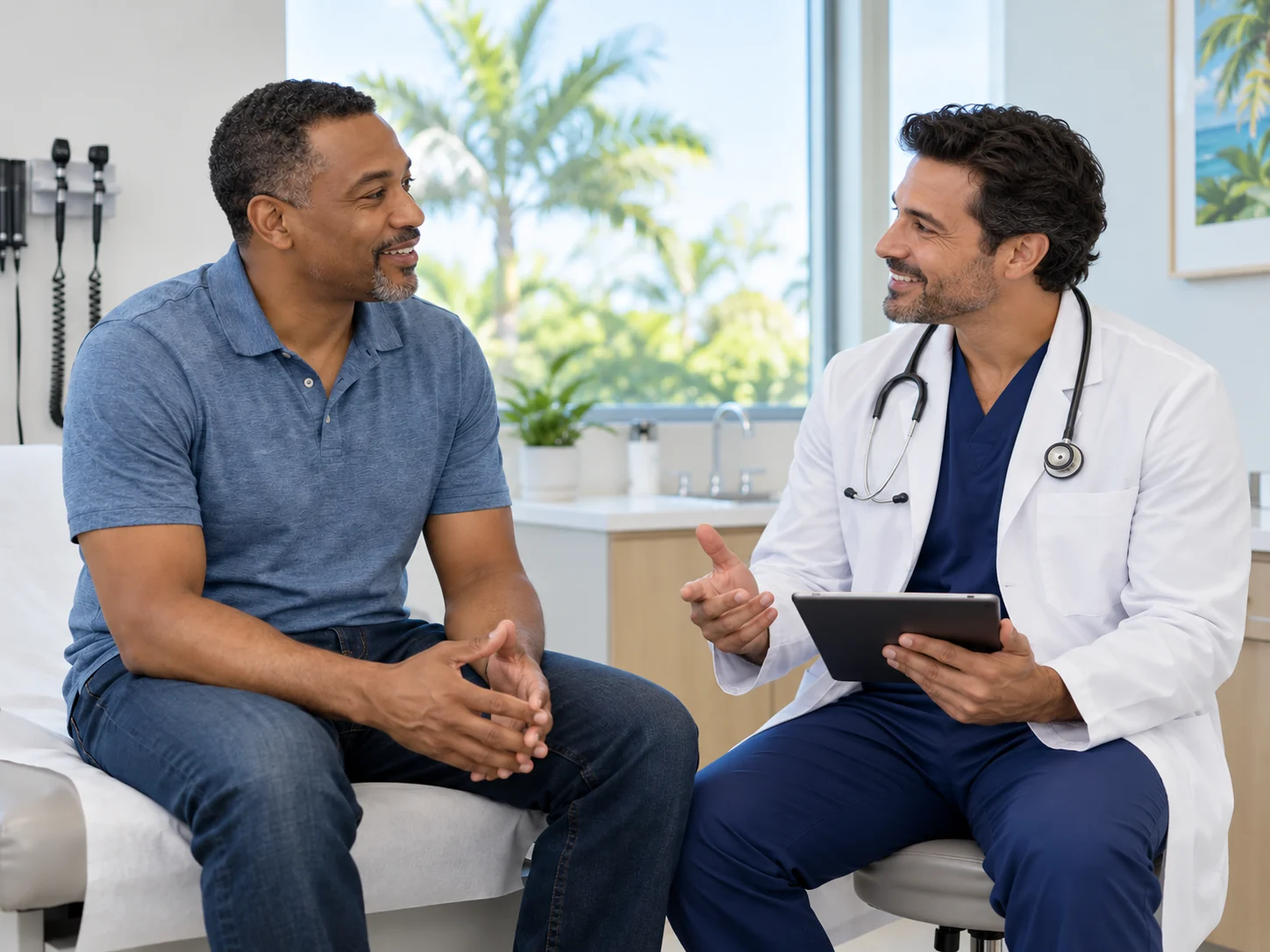 A man discussing preventive health with his clinician in a bright Miami clinic
