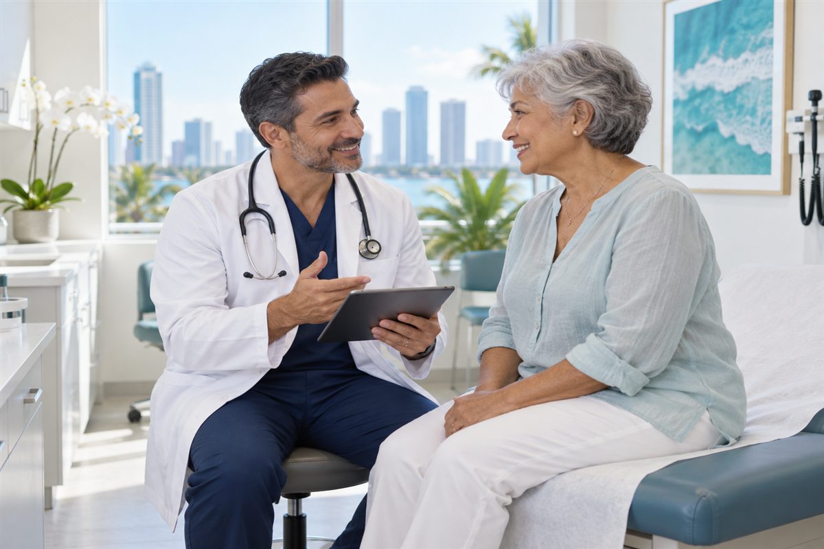 A clinician and patient talking during a primary care visit