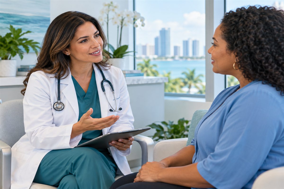 A clinician and patient discussing a weight management plan